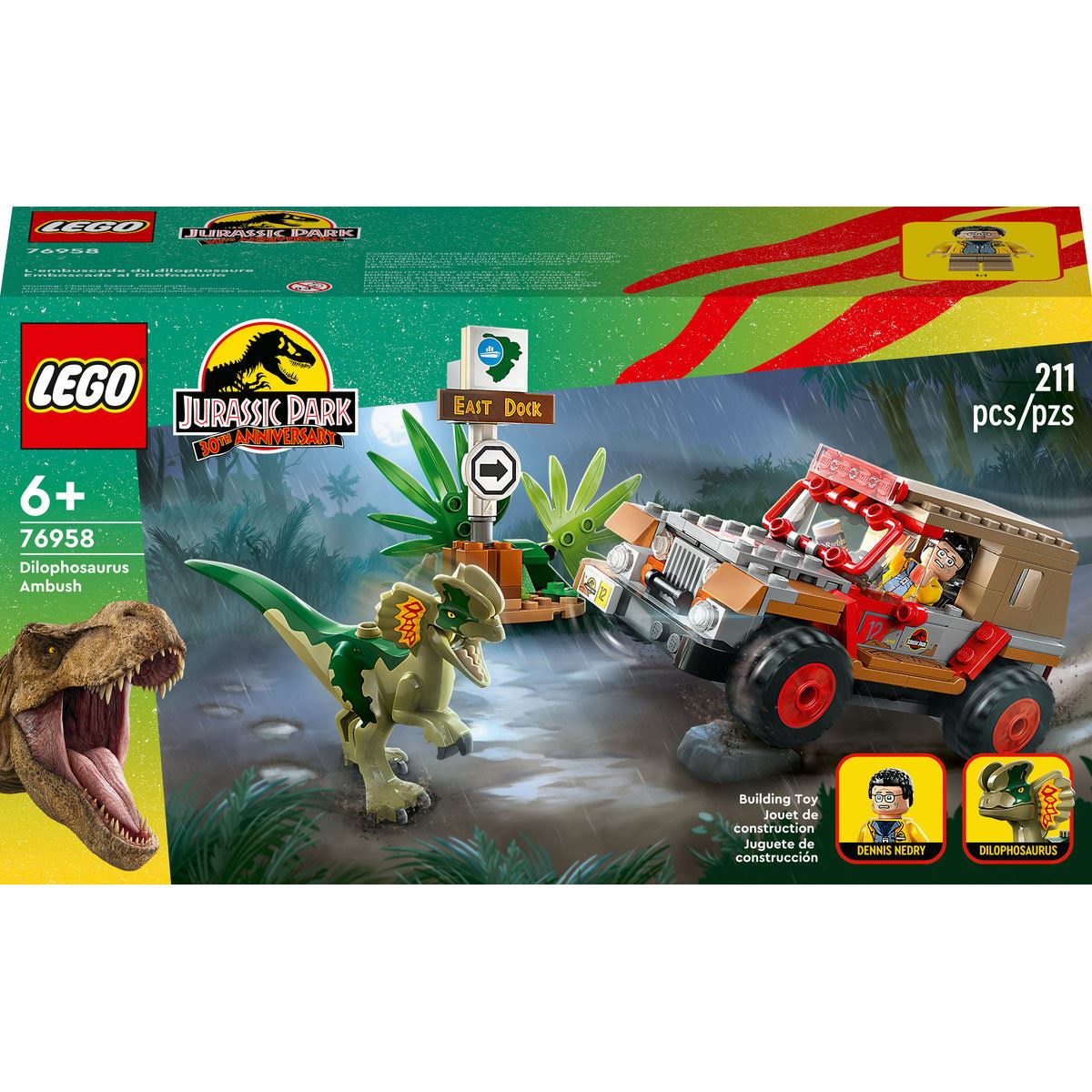 Set de juguetes de construcción LEGO Jurassic Park 76958 Emboscada al Dilofosaurio (211 piezas)