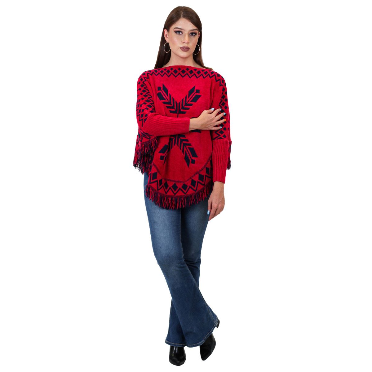 Poncho cuello ojal de chenille para mujer - rojo