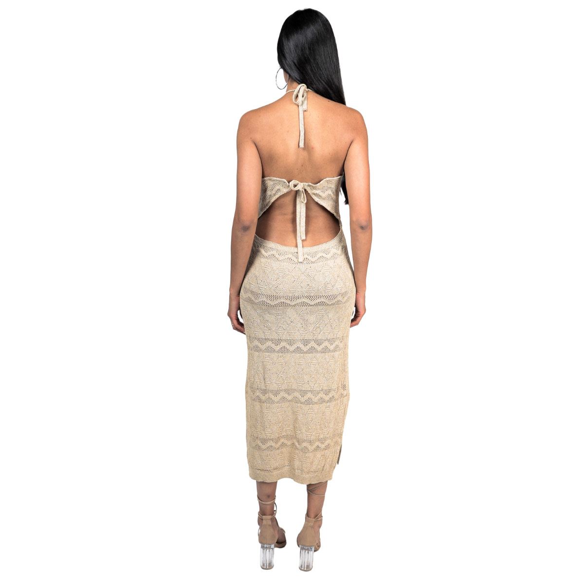 Vestido midi punto sin mangas color beige talla mediana