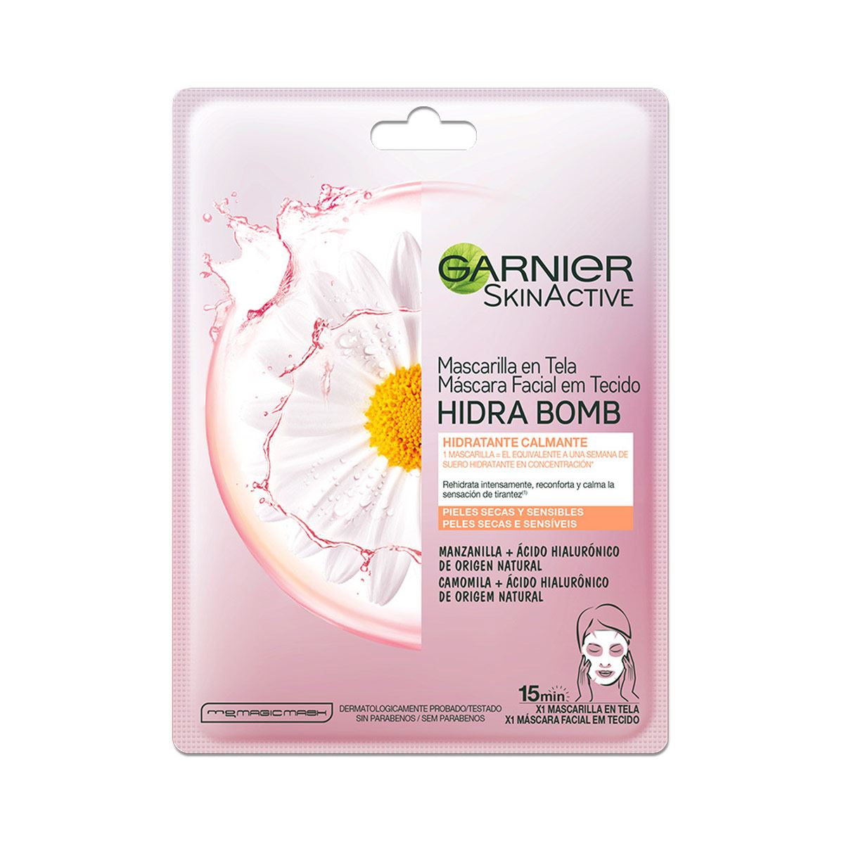 Garnier Skin Active Hidra Bomb Mascarilla facial en tela hidratante calmante con manzanilla y ácido hialurónico de origen natural