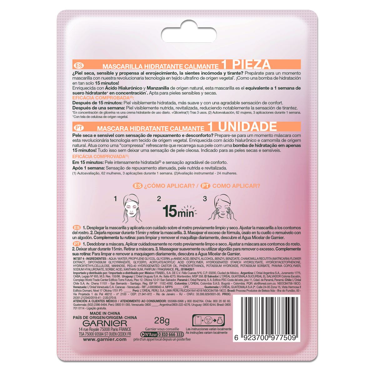 Garnier Skin Active Hidra Bomb Mascarilla facial en tela hidratante calmante con manzanilla y ácido hialurónico de origen natural