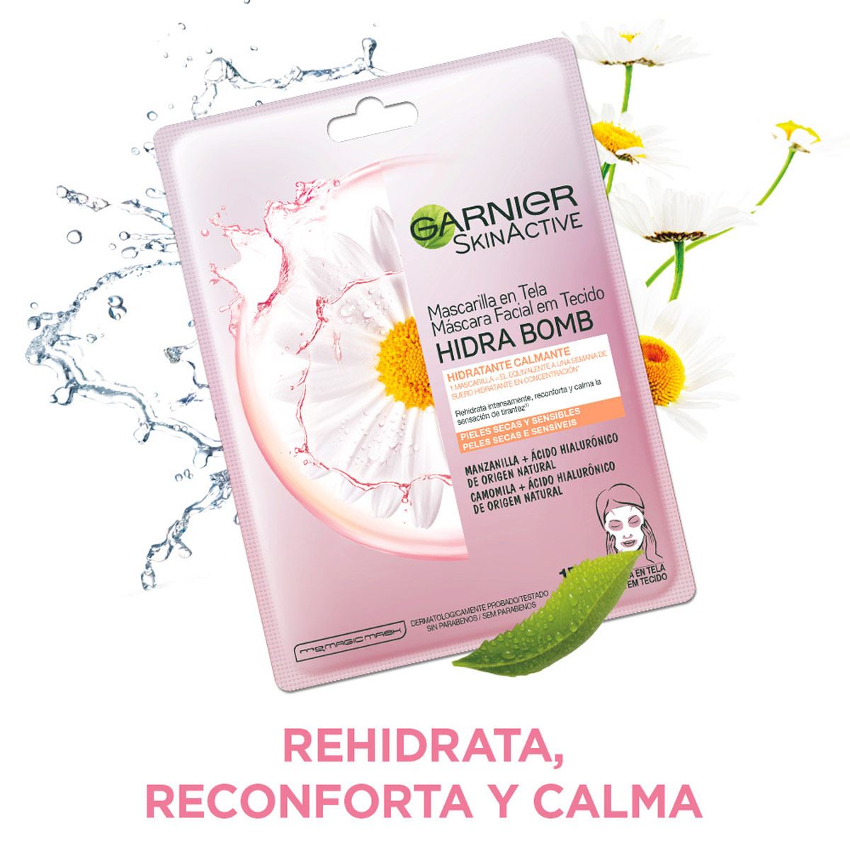Garnier Skin Active Hidra Bomb Mascarilla facial en tela hidratante calmante con manzanilla y ácido hialurónico de origen natural