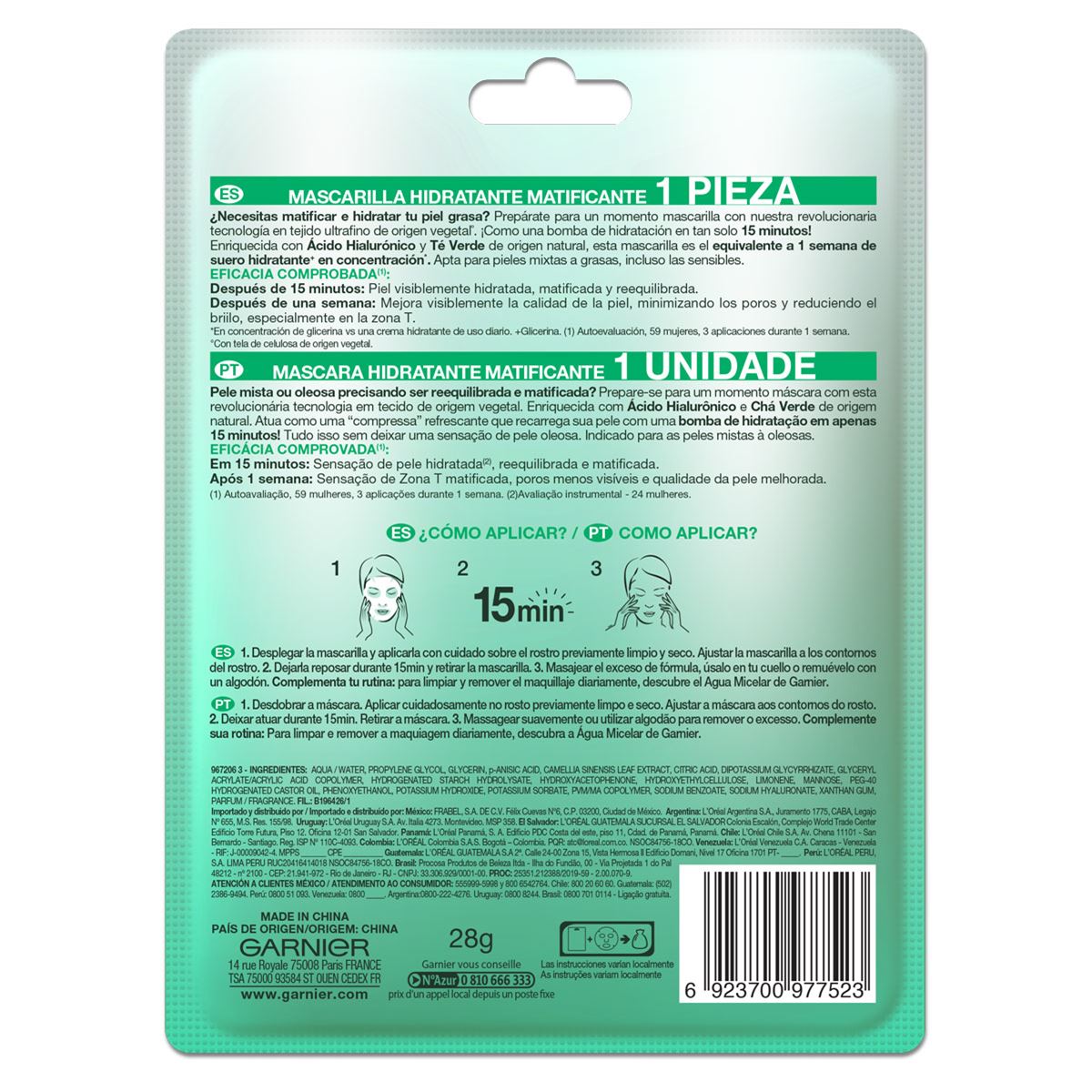 Garnier Skin Active Hidra Bomb Mascarilla facial en tela hidratante matificante con té verde ácido hialurónico de origen natural