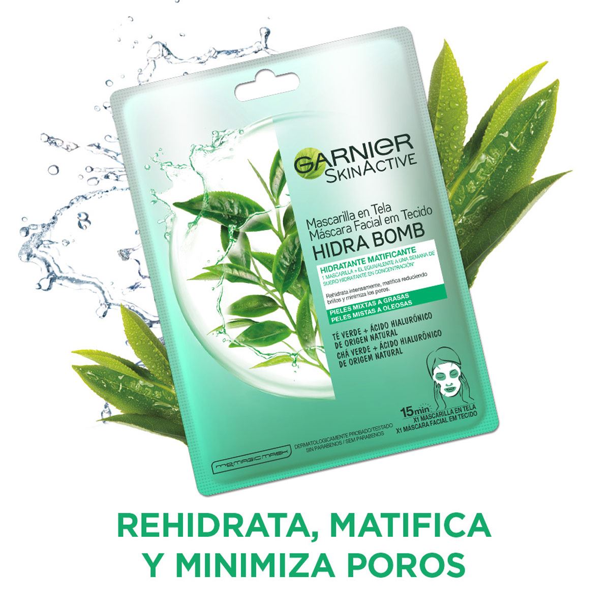 Garnier Skin Active Hidra Bomb Mascarilla facial en tela hidratante matificante con té verde ácido hialurónico de origen natural