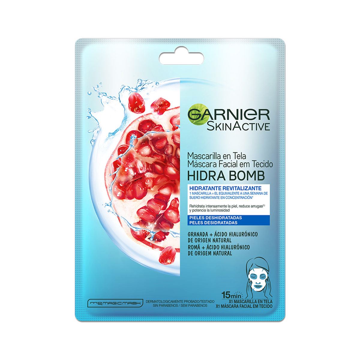 Garnier Skin Active Hidra Bomb Mascarilla facial en tela hidratante revitalizante con granada ácido hialurónico de origen natural
