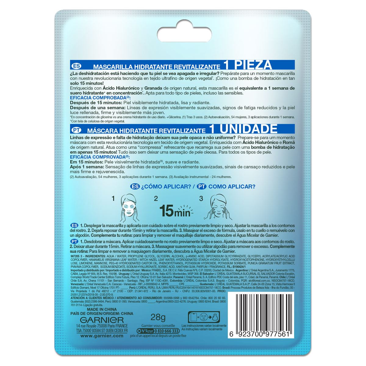 Garnier Skin Active Hidra Bomb Mascarilla facial en tela hidratante revitalizante con granada ácido hialurónico de origen natural
