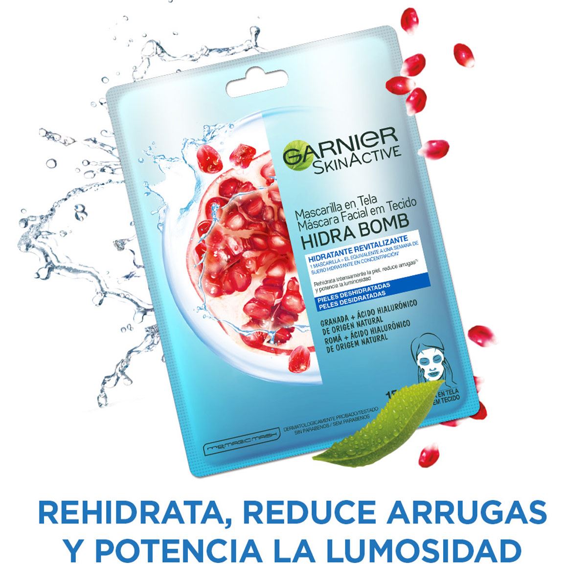 Garnier Skin Active Hidra Bomb Mascarilla facial en tela hidratante revitalizante con granada ácido hialurónico de origen natural