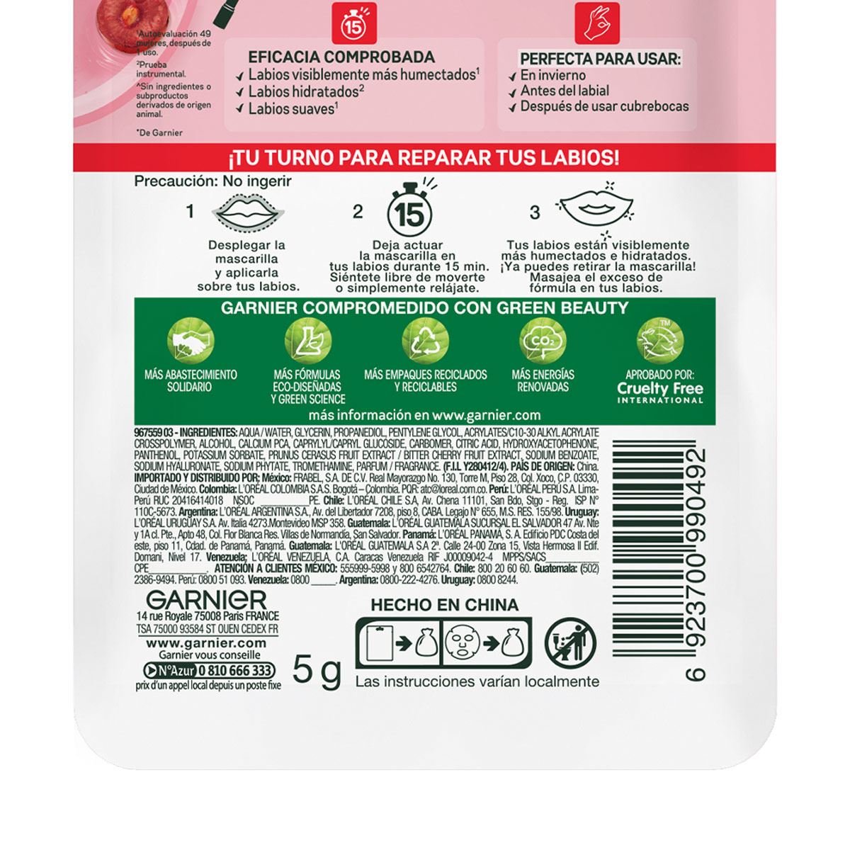 Garnier Skin Active Hidra Bomb Mascarilla en Tela Rehidratante Labios 1 pza