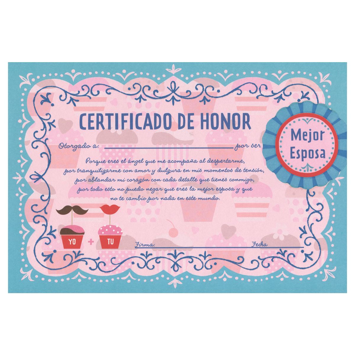 Tarjeta Diploma Esposa Medallon Azul Cupcakes