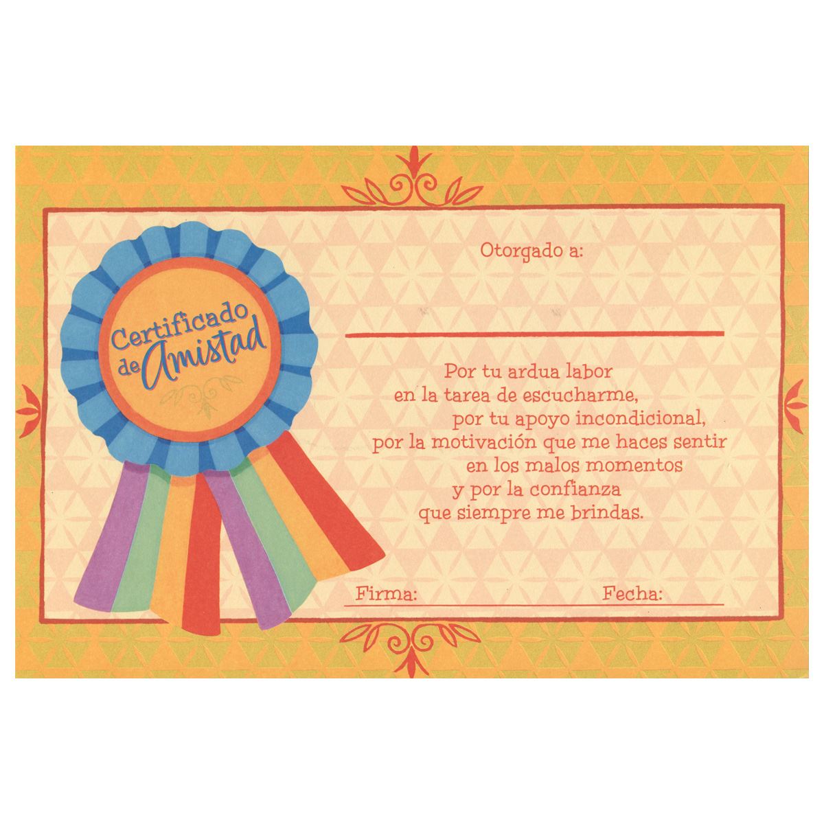 Tarjeta Certificado Amistad Medall&#243;n Borde Amarillo|