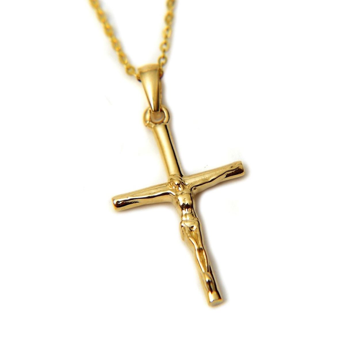 Dije sin Cadena Cruz Cristo Oro Amarillo 14K Doble O
