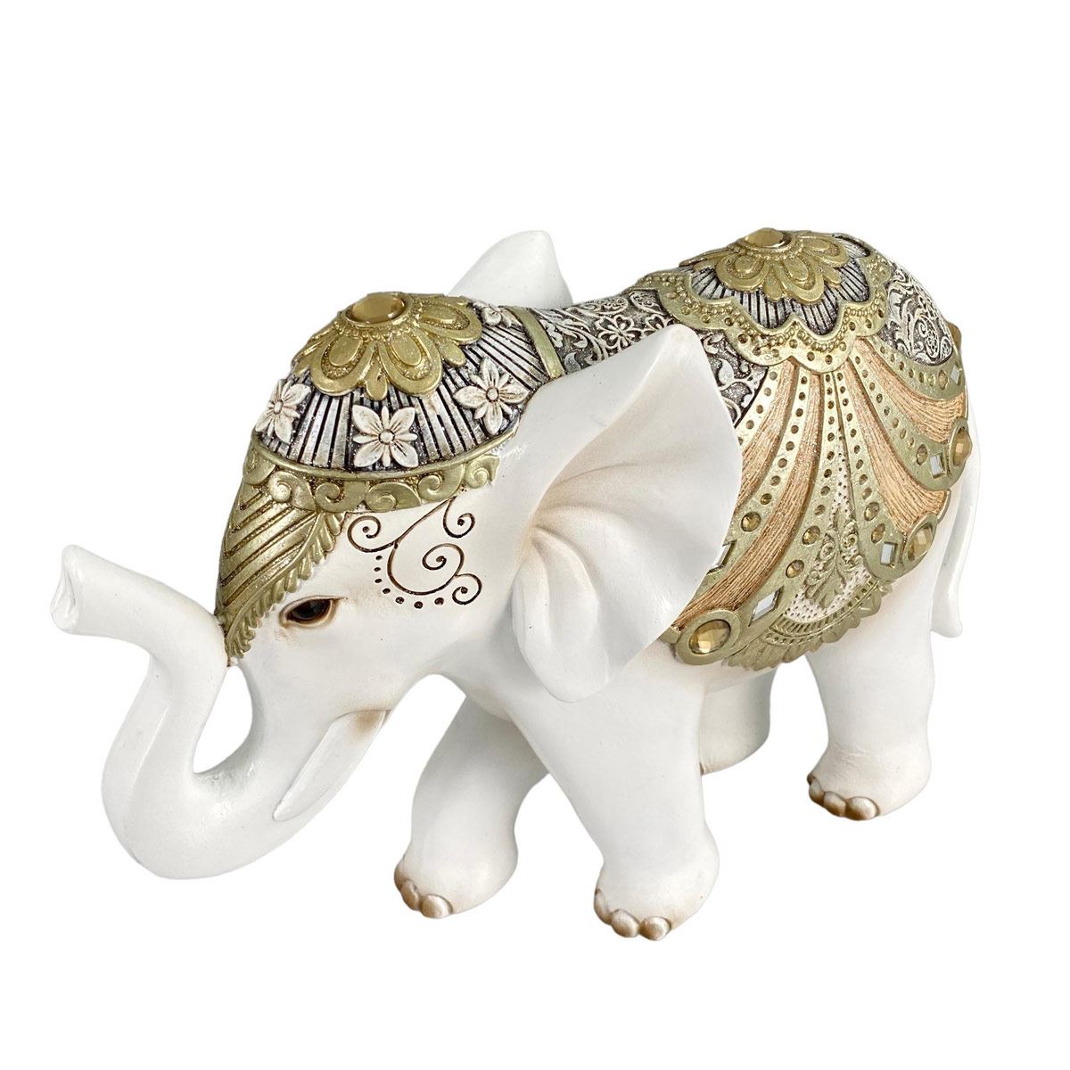 Figura Decorativa Elefante Blanco con dorado Grande