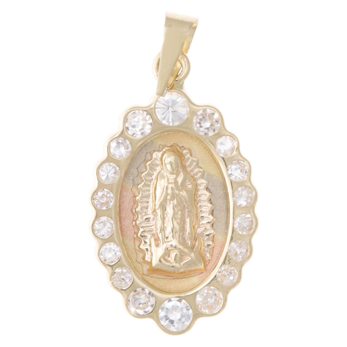 Medalla Religiosa, Tricolor, Virgen de Guadalupe en Relieve, Oval con  Circonias en Oro de 14K, Sini