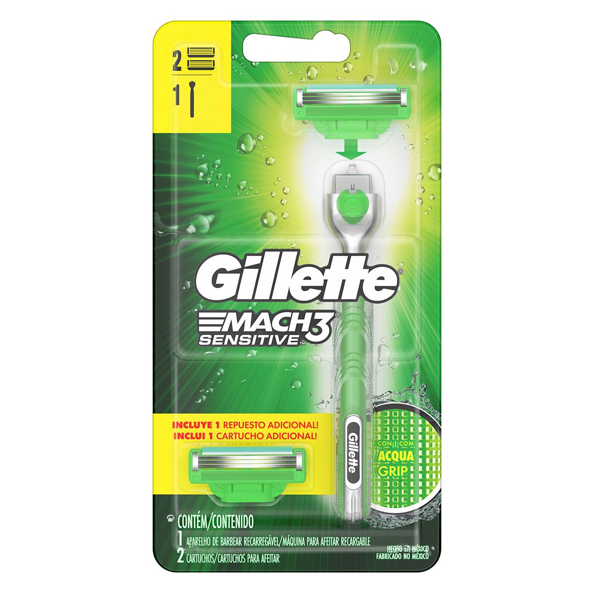 Máquina de afeitar Sensitive con Mango Antideslizante Aqua-Grip 360° Gillette Mach3 1 unidad