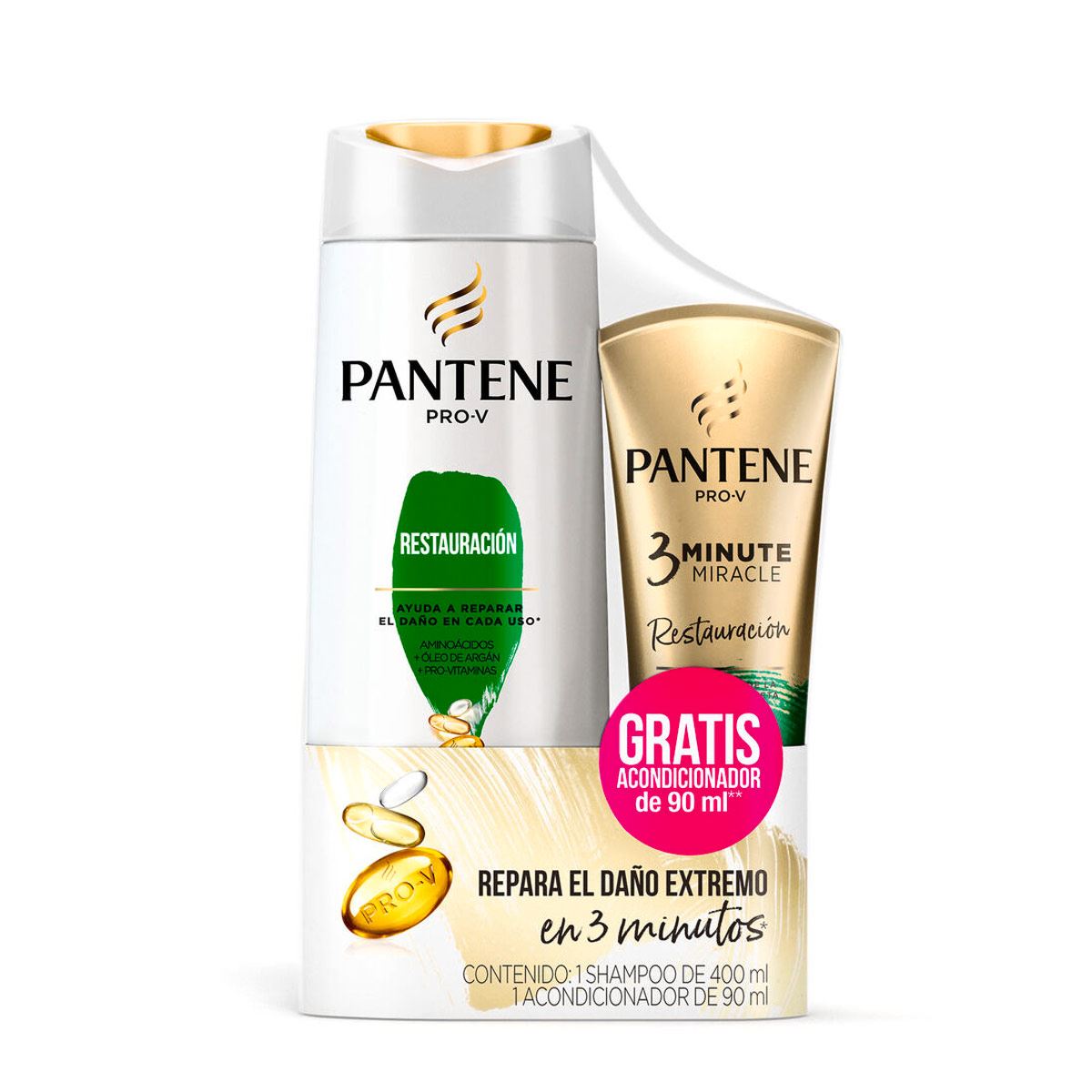Pantene Pro-V Restauración Shampoo 400 ml + Pantene Pro-V 3 Minute Miracle Restauración Acondicionador 90 ml 1 Kit