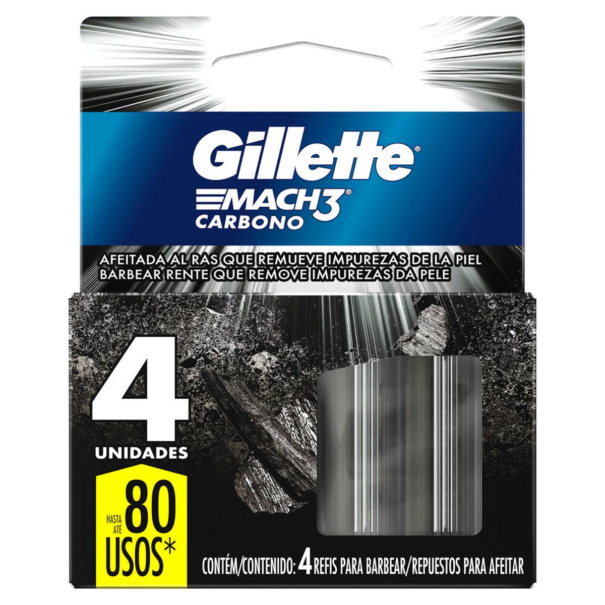 Gillette Mach3 Carbono Repuesto para Rastrillo de Afeitar con Carbón Activado 4 unidades