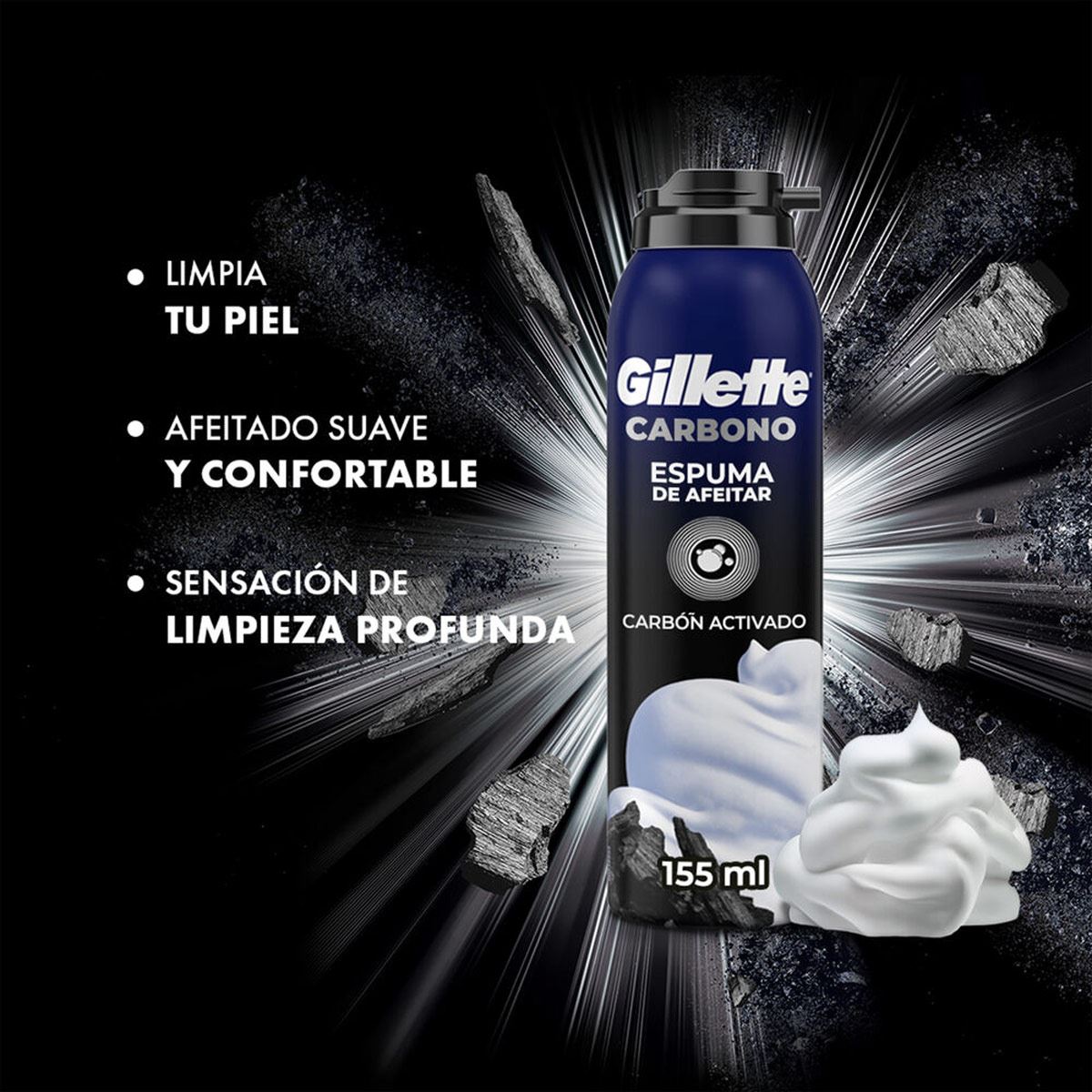 Gillette Carbono Espuma de Afeitar con Carbón Activado 155 ml