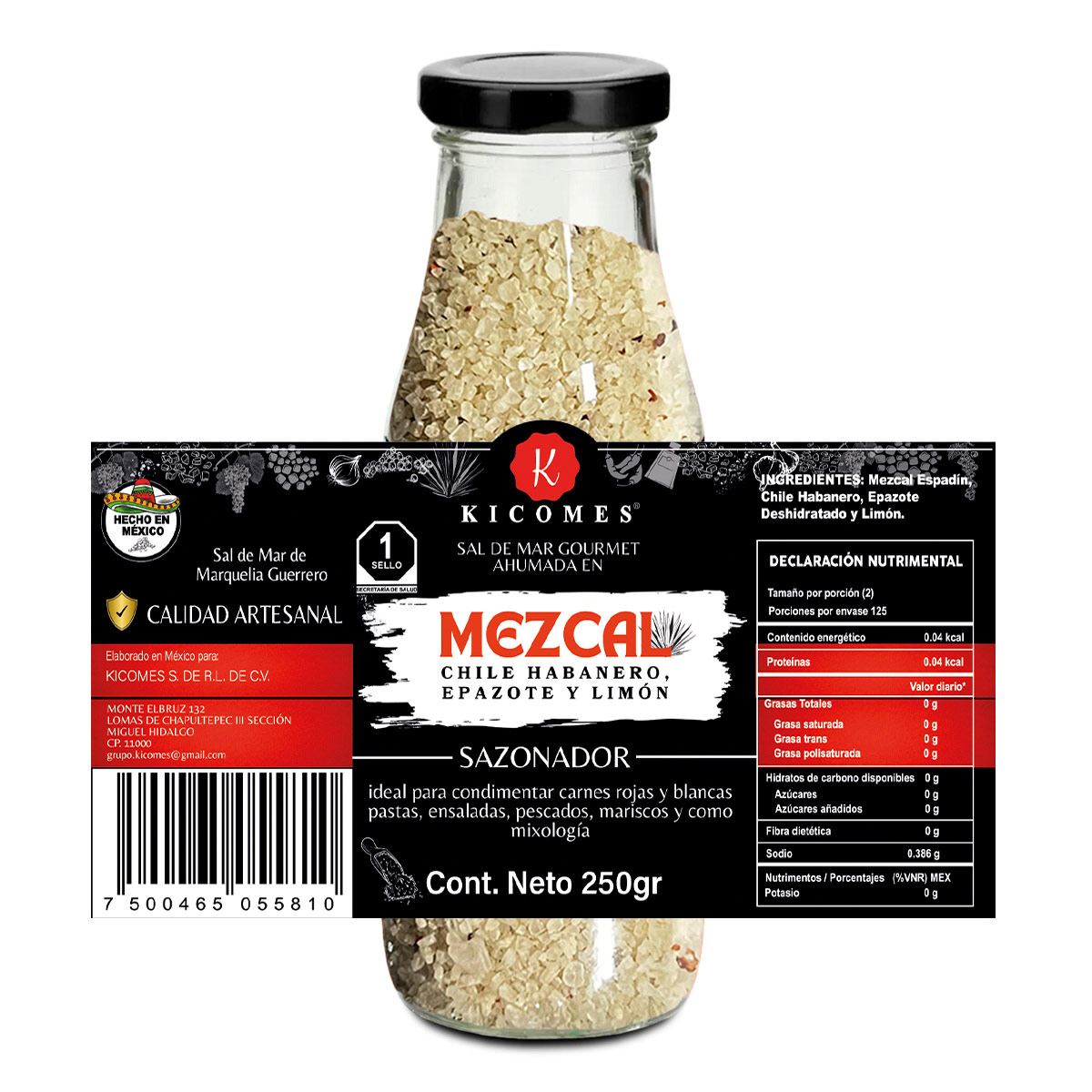 Sal de Mar Ahumada en Mezcal, Chile Habanero, Epazote Deshidratado y Limón Kicomes 250gr