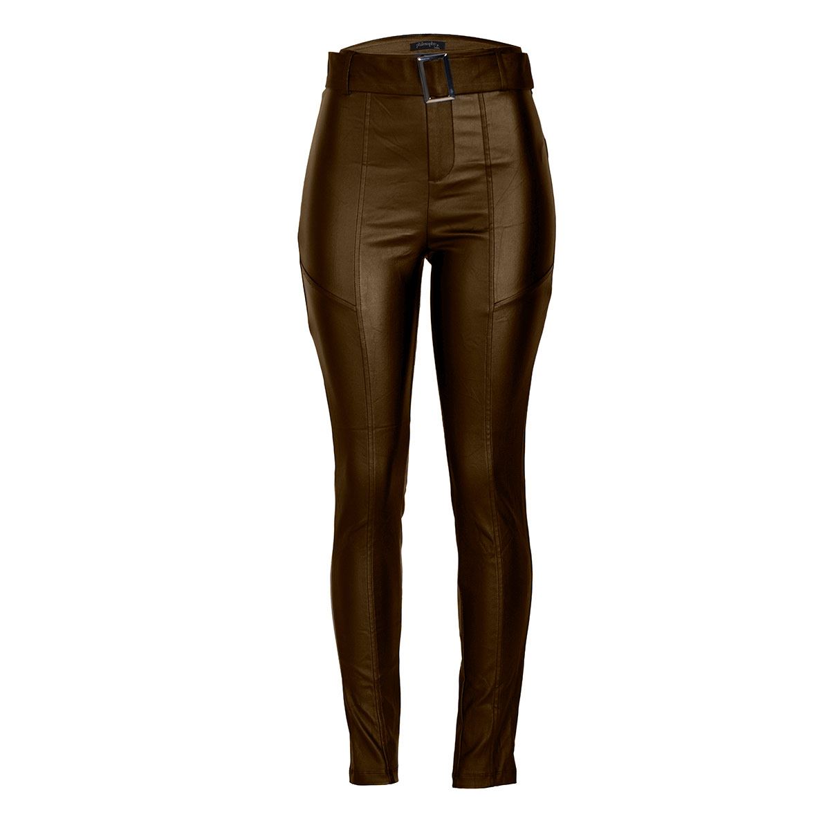 Pantalón recto liso con cinturón delgado Philosophy talla grande color café modelo YP4492