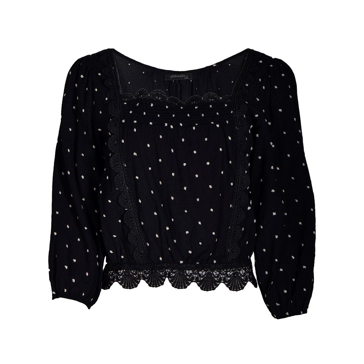 Blusa con encaje y detalles en combinación con amarre en la espalda Philosophy talla grande color negro combinado modelo CR1422