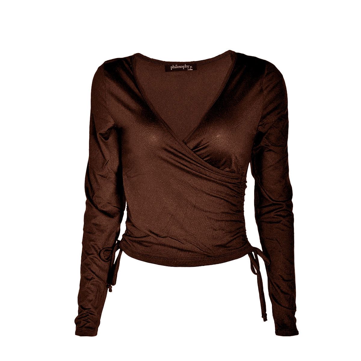 Blusa lisa para mujer con escote cruzado y jareta lateral Philosophy talla mediana color café obscuro modelo 73080