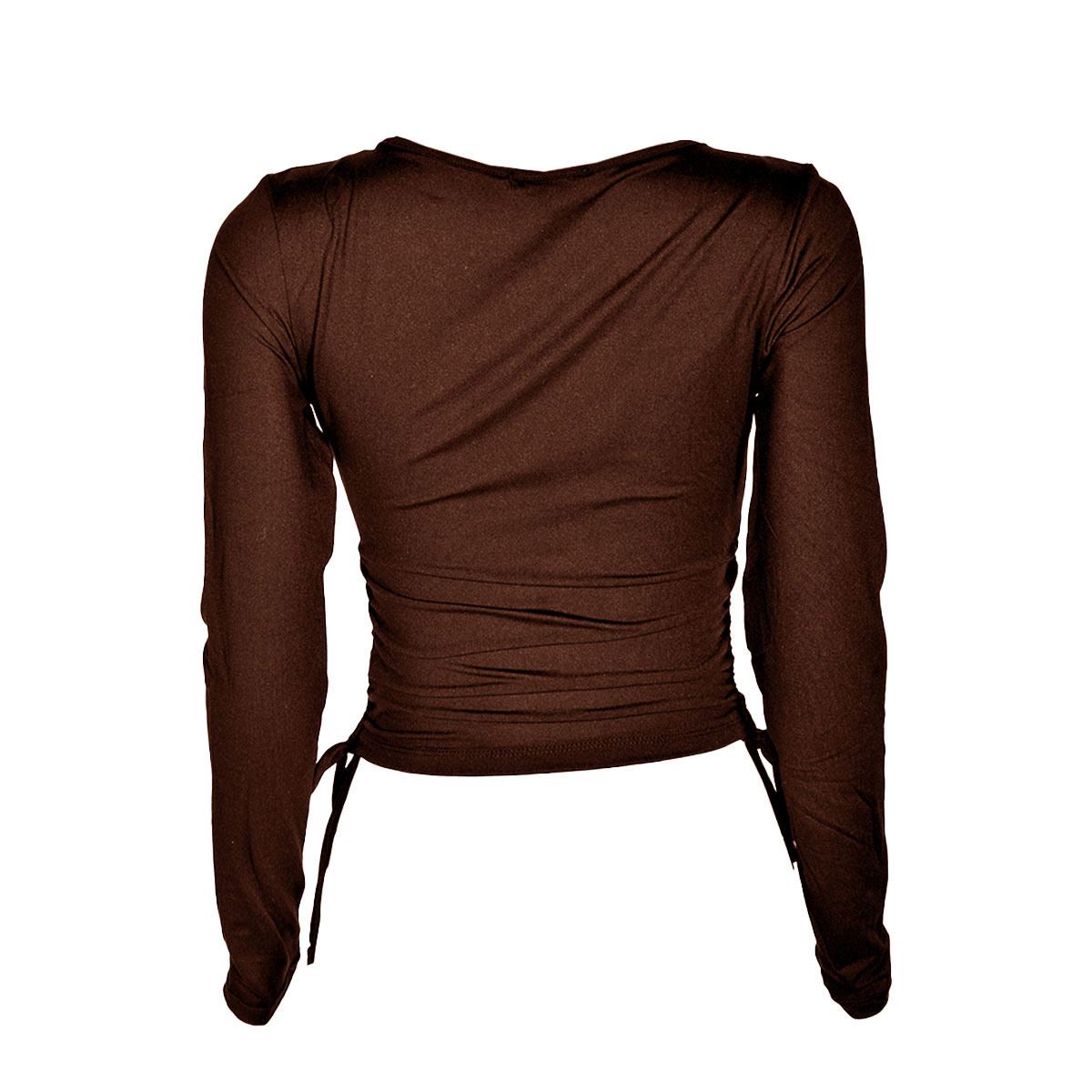 Blusa lisa para mujer con escote cruzado y jareta lateral Philosophy talla mediana color café obscuro modelo 73080