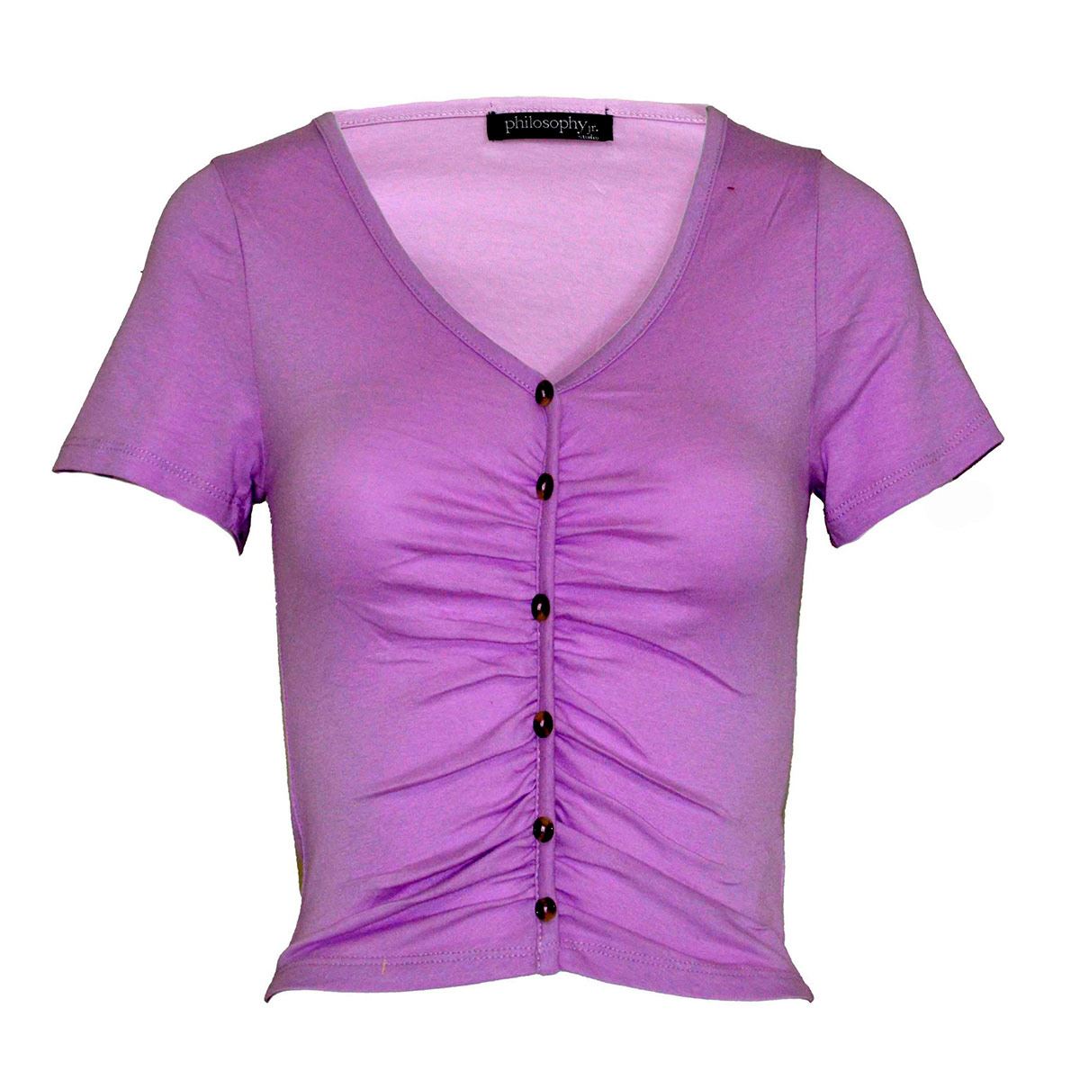 Blusa corta plisada con botones Philosophy talla chica color morado claro modelo 73386N