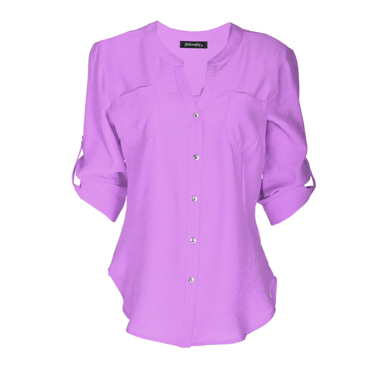 Blusa lisa para mujer con elevación en manga y botones Philosophy talla chica color morado claro modelo 11579