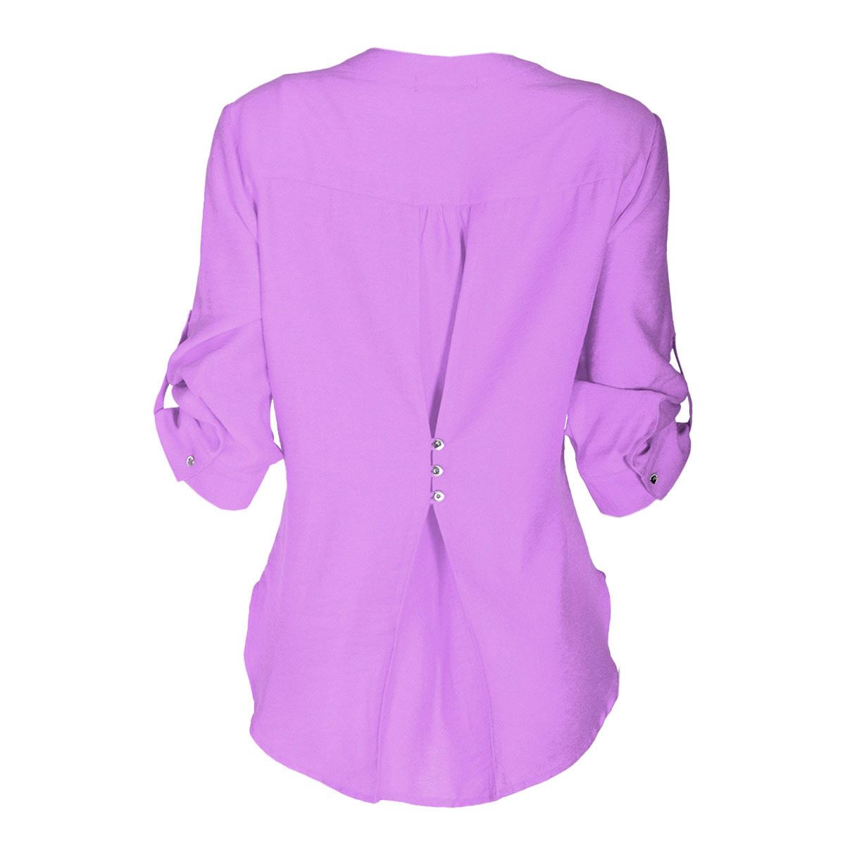 Blusa lisa para mujer con elevación en manga y botones Philosophy talla chica color morado claro modelo 11579