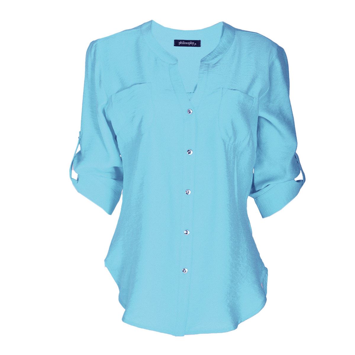 Blusa lisa para mujer con elevación en manga y botones Philosophy talla mediana color azul modelo 11579