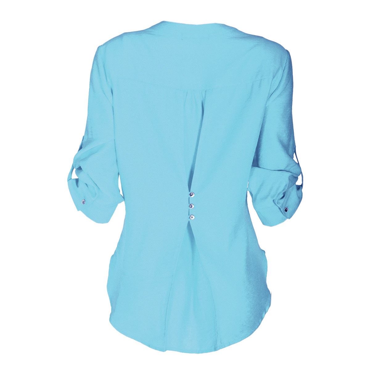 Blusa lisa para mujer con elevación en manga y botones Philosophy talla mediana color azul modelo 11579