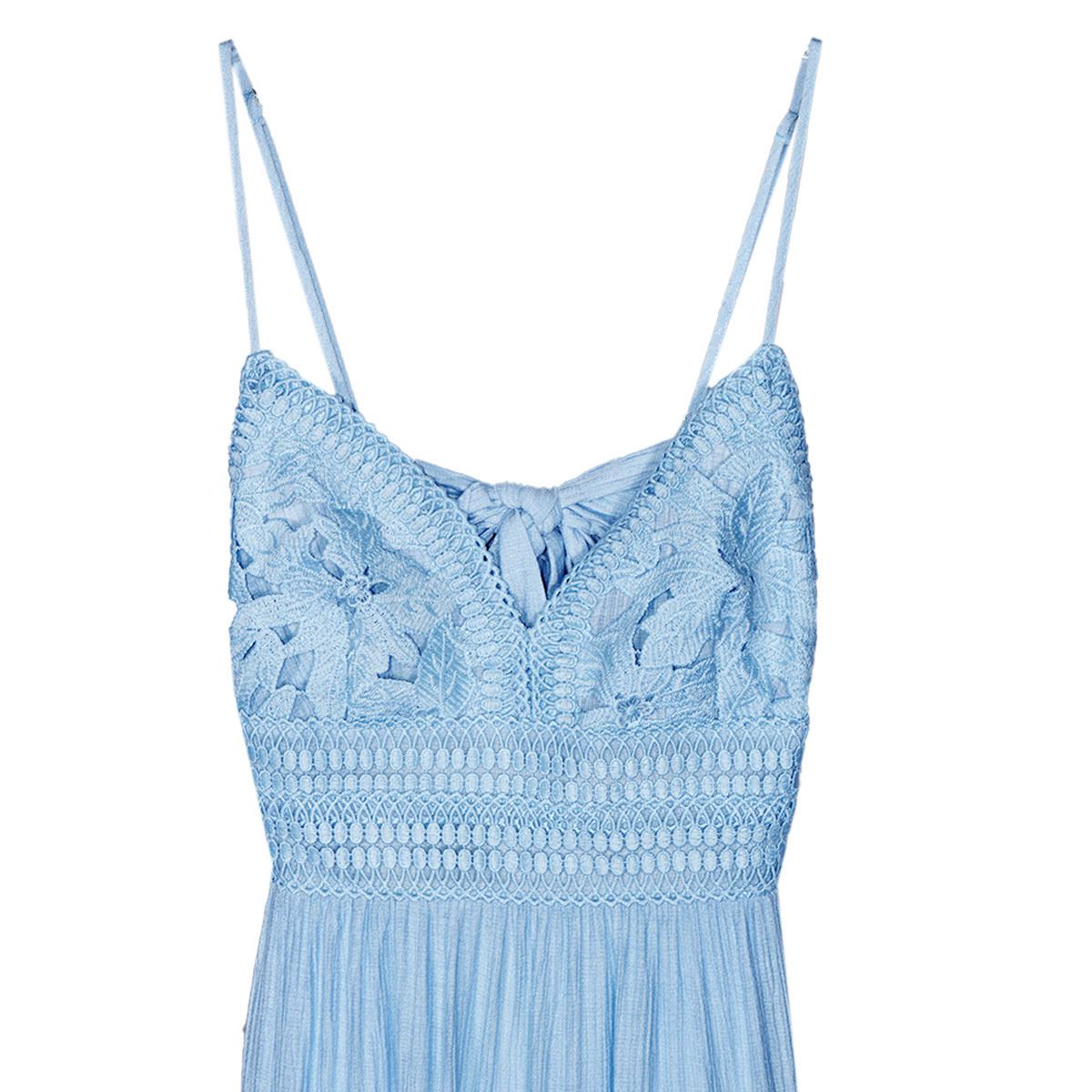 Vestido corto para mujer, con encaje y olanes Philosophy Jr talla chica, color azul claro, modelo 4487DY