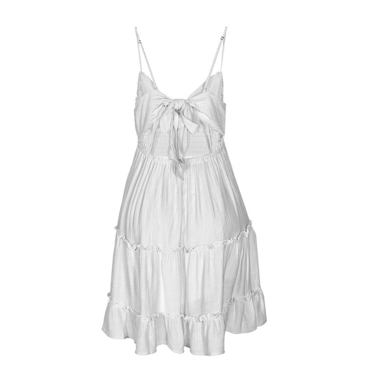 Vestido corto para mujer con encaje, olanes y cinta de amarre en espalda Philosophy talla mediana color hueso modelo 4487DY