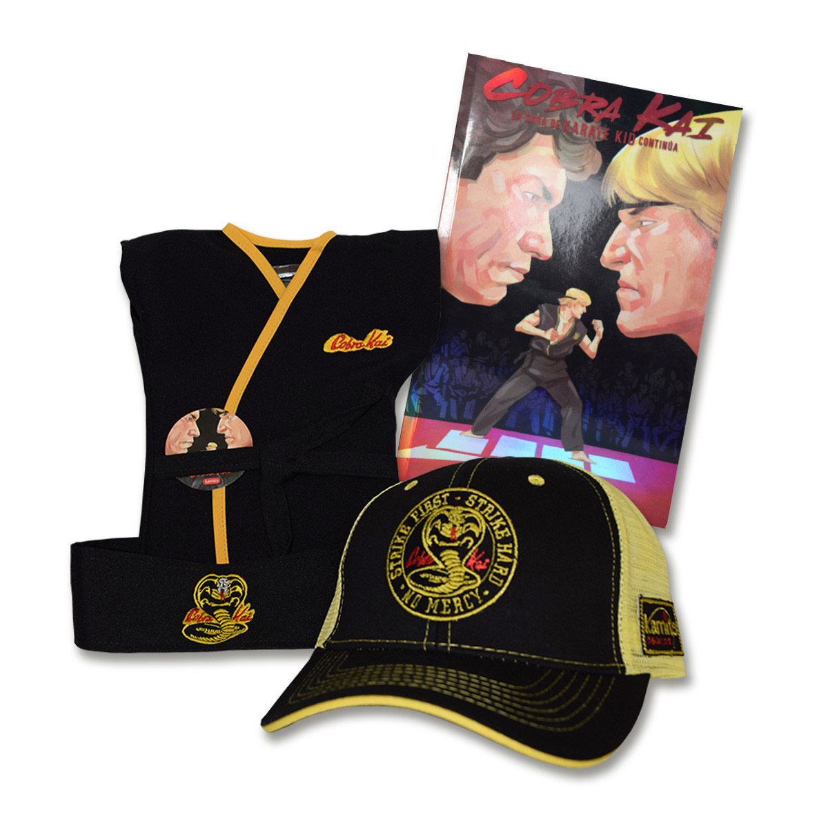 Paquete Cobra Kai con Gorra A (incluye comic,banda sticker,gorra,karategui)