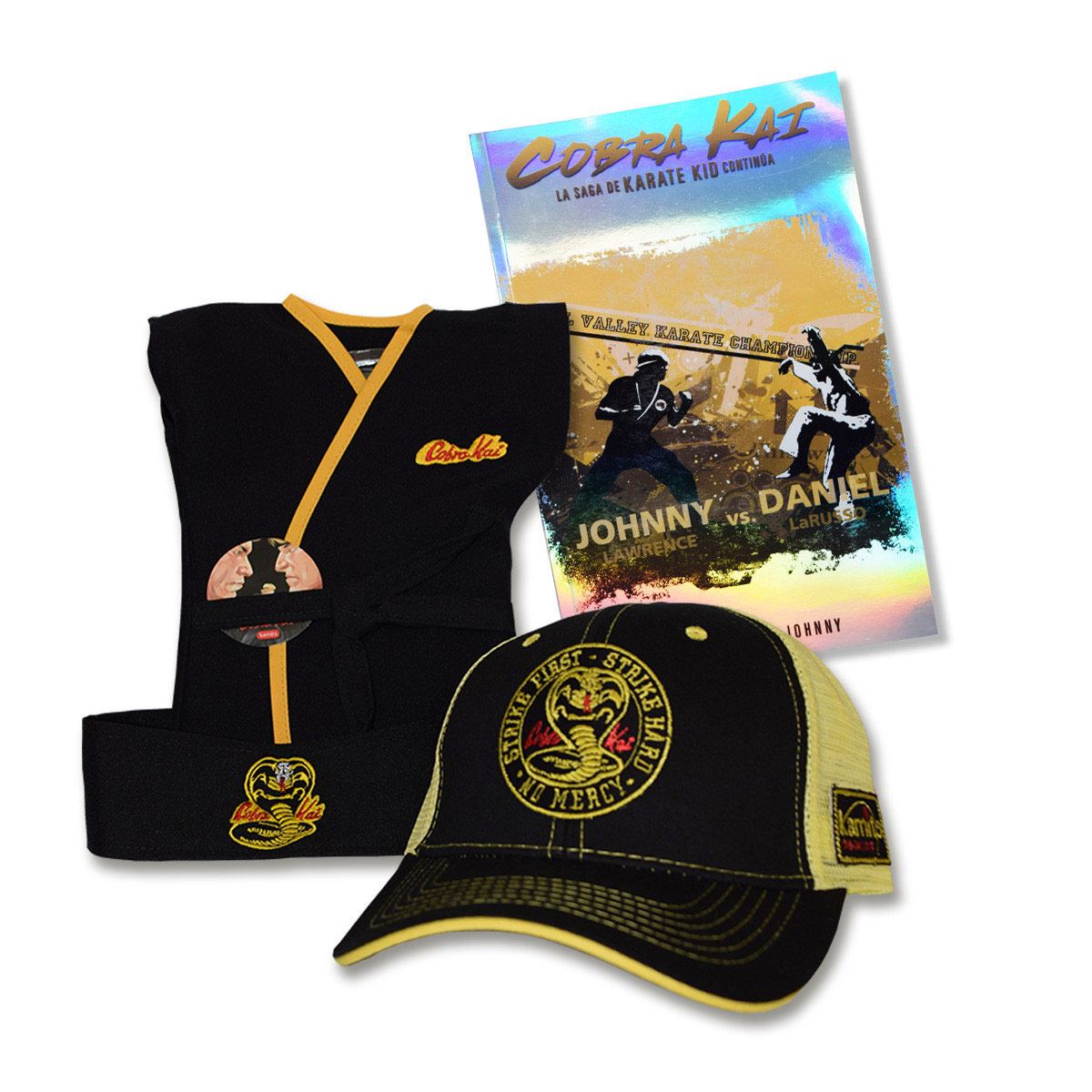 Paquete Cobra Kai con Gorra B (incluye comic,banda sticker,gorra,karategui)