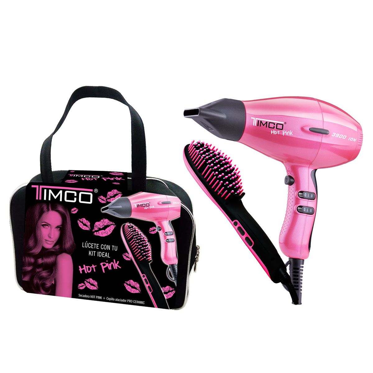 Secadora Y Cepillo Alaciador Timco Ki Edición Limitada Kit-Hotpink