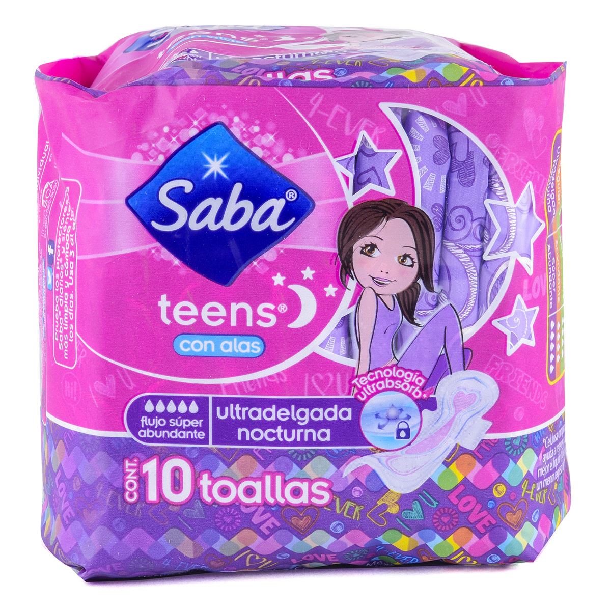 Saba Teens con Alas Ultra Delgada Nocturna con 10 Pzs.