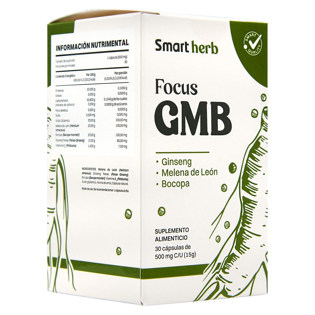 FUCUS GMB  (GINGENG, MELENA DE LEÓN Y BOCOPA) 30 CAPS.