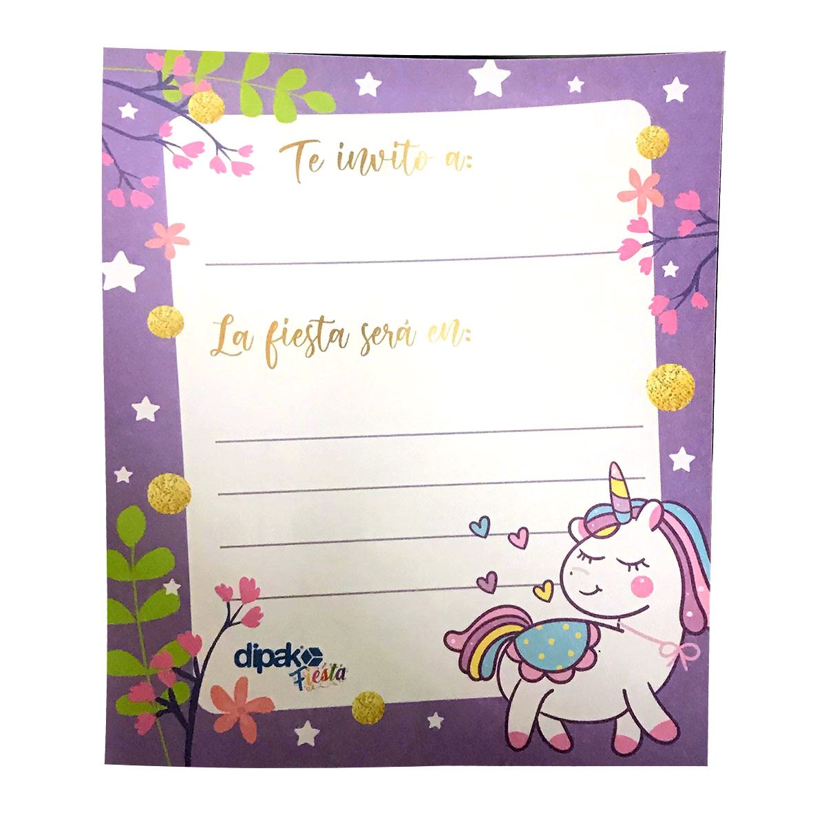 Invitación Dipak unicornios cute 6 piezas