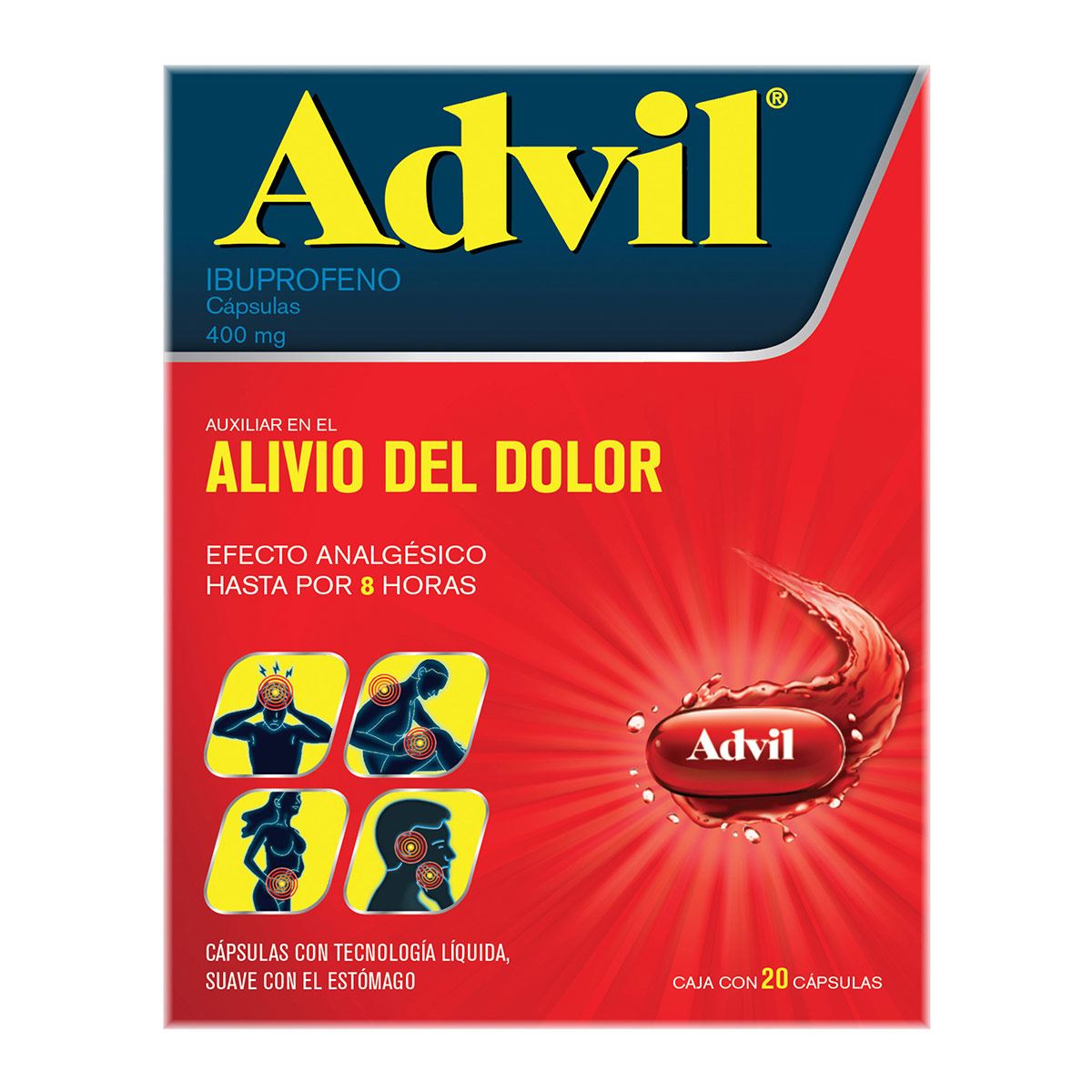 Analgésico Advil 400 mg Dolores Moderados a Fuertes Caja con 20 cápsulas