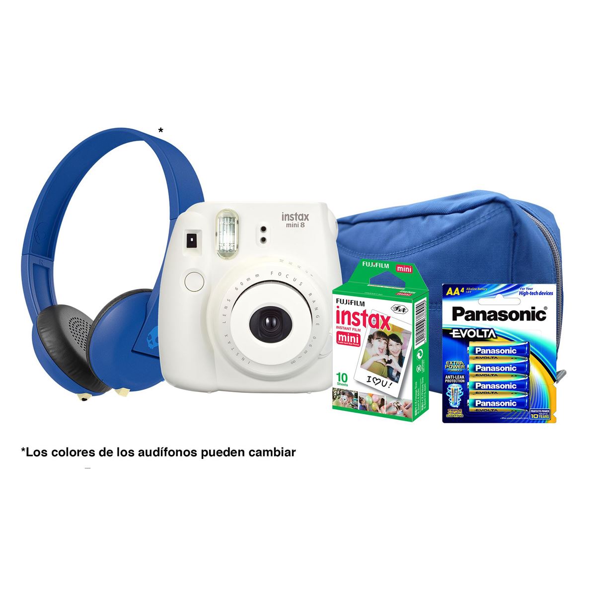 Paquete de Camara Instax Mini 8 blanca + Audifonos/Estuche/Pel/Baterias