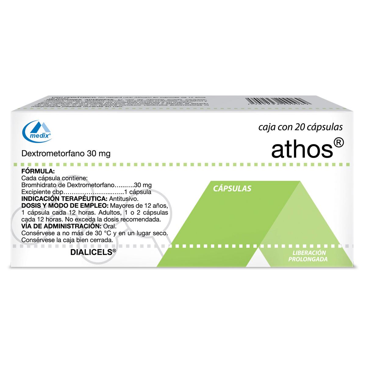 Athos 30 mg 20 cápsulas. Bromhidrato de dextrometorfano