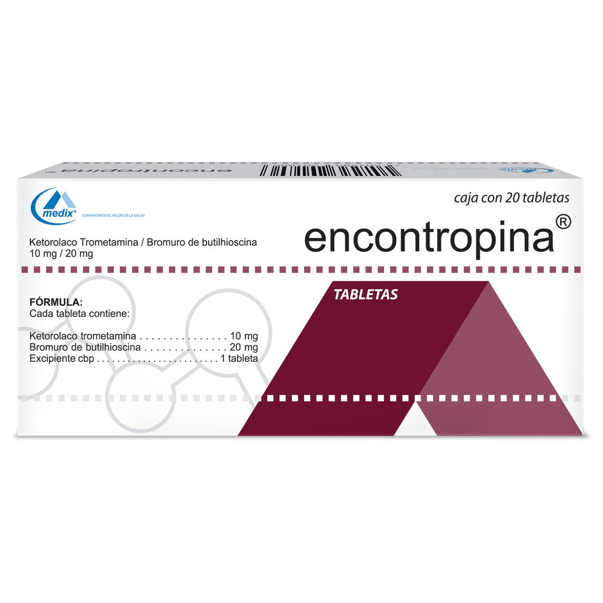 Encontropina caja con 20 tabletas. Ketorolaco Trometamina 10 mg y Bromuro de Butilhioscina 20 mg.