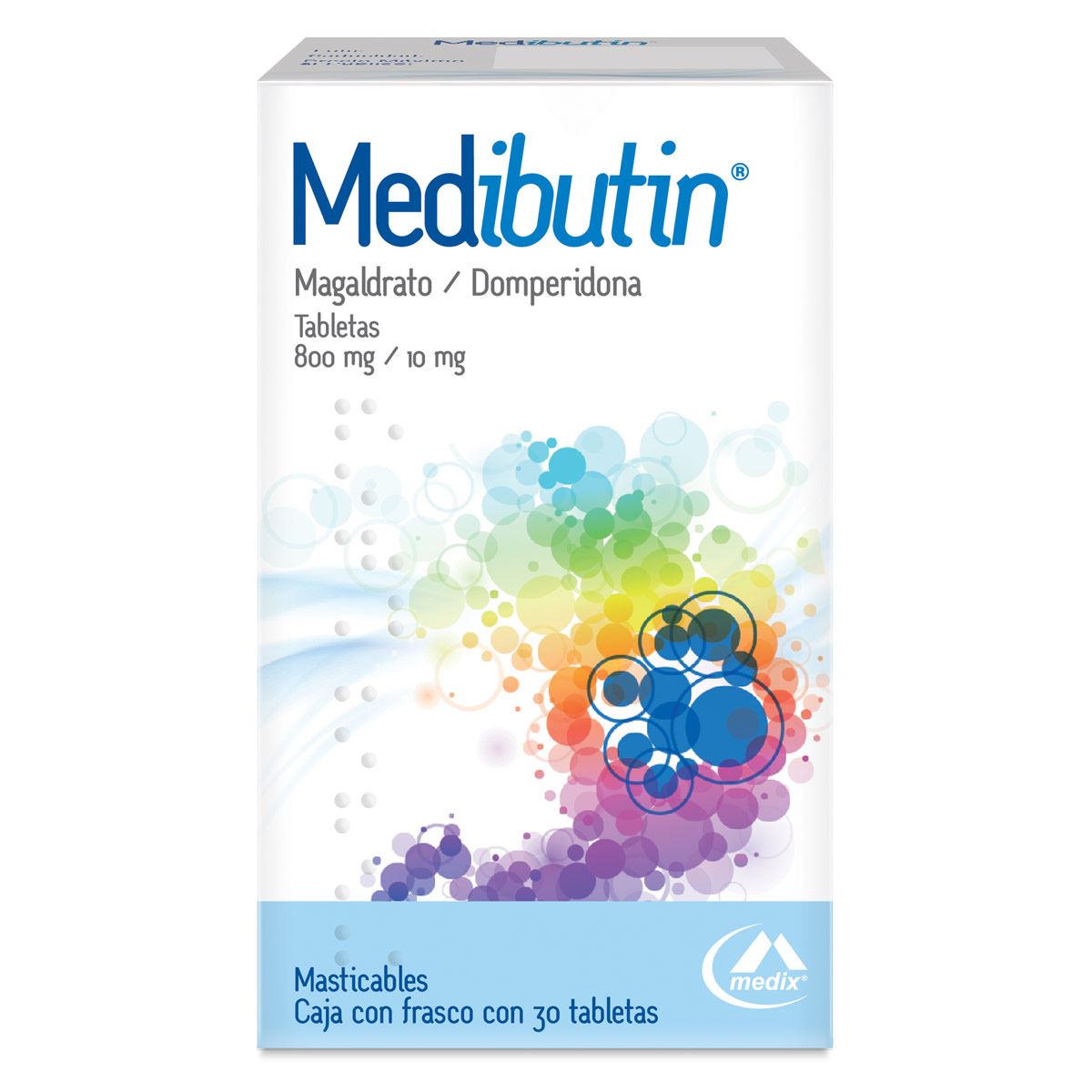 Medibutin caja con 30 tabletas. Magaldrato 800 mg  y domperidona 10 mg