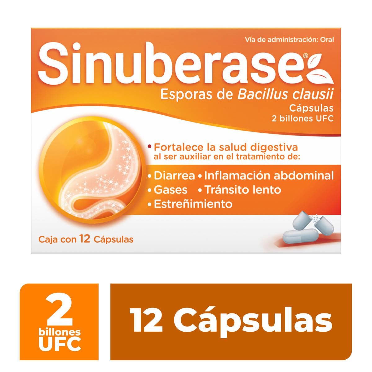 Sinuberase. Ayuda a aliviar: Inflamación, Gases y Estreñimiento. 12 Cápsulas 2B Probióticos.