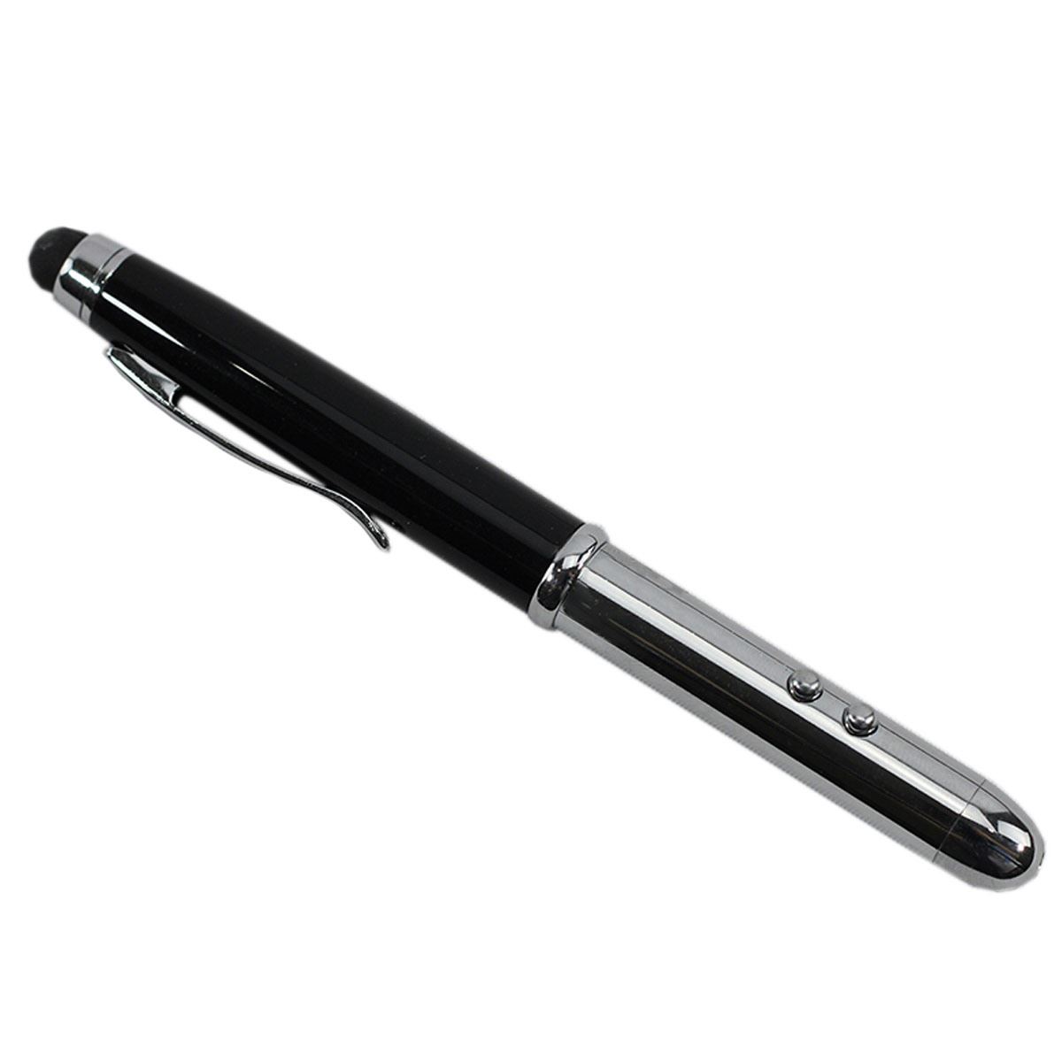 Pluma plateada con negro con apuntador en estuche