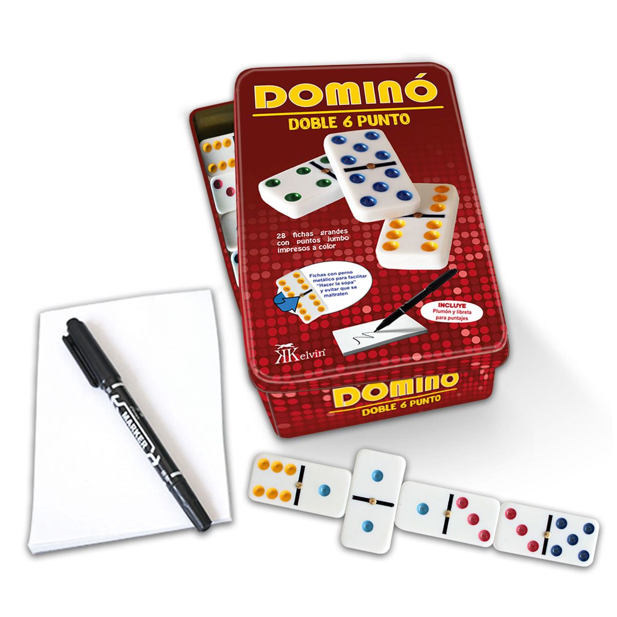 Domino Caja Metalica 28 Piezas Puntos De Colores