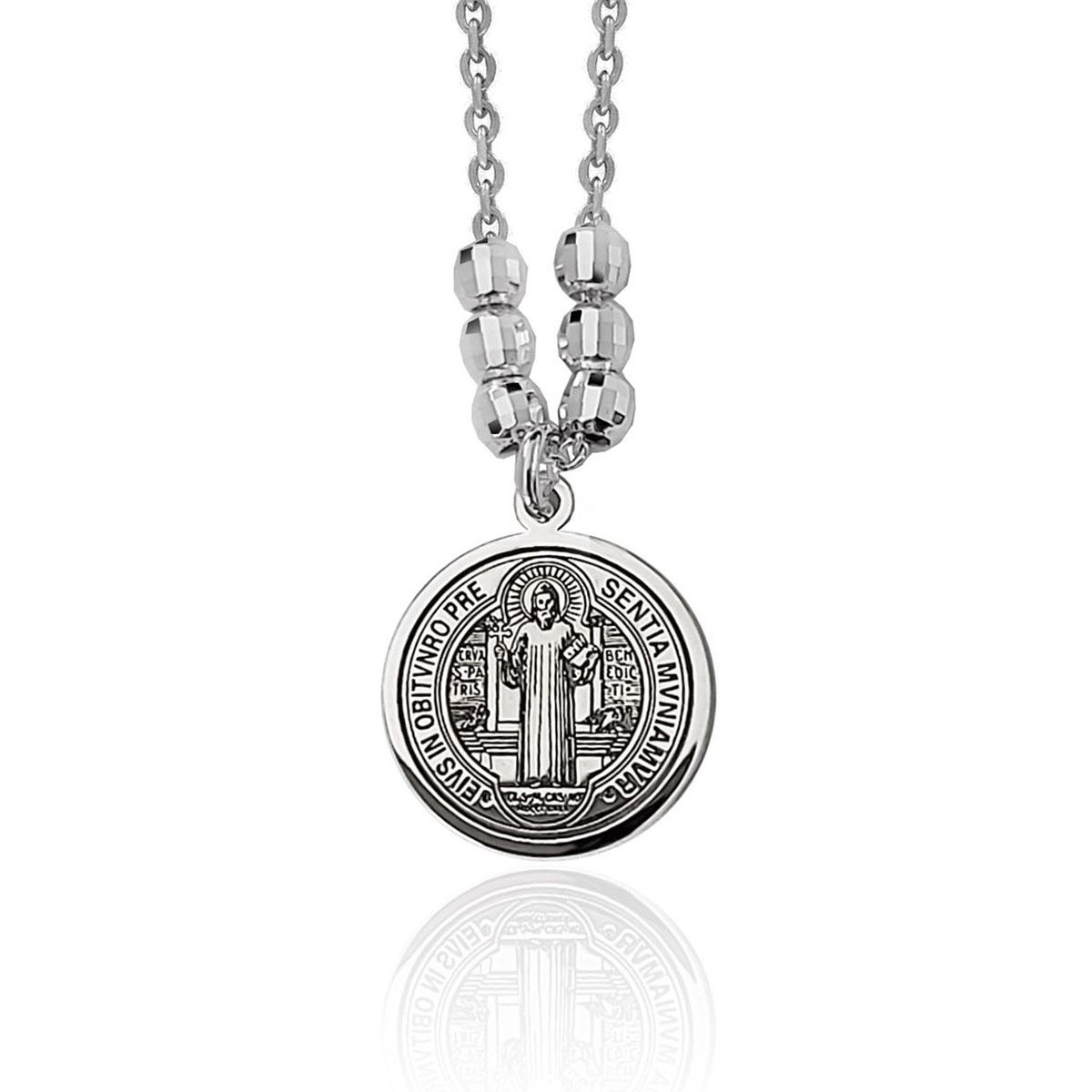 Medalla San Benito Doble Cara Con Cadena AN030 45 Cm Plata .925