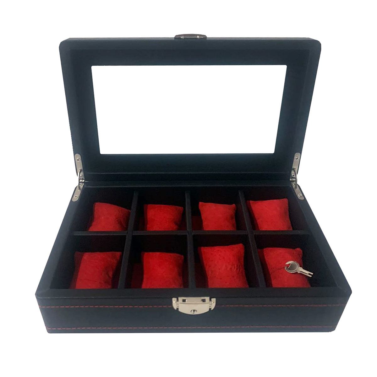 Relojero para 8 relojes con chapa y exterior de piel color negro