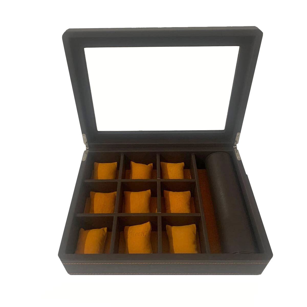 Relojero para 9 relojes y pulseras con chapa y exterior de piel color café